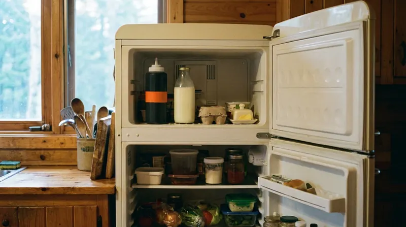 Open refrigerator in a cabin kitchen, a tall dark bottle on the top shelf beside milk and eggs