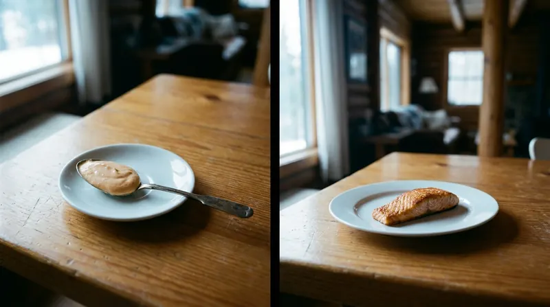 Split view of a tablespoon of orange cream on a saucer beside a small seared salmon fillet on a plate