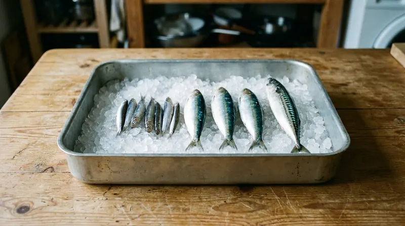 Anchovies, three sardines and one striped mackerel laid on crushed ice on a steel tray