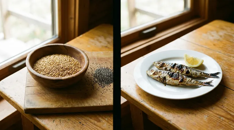 Split view of flaxseed and chia in a wooden bowl beside two grilled sardines with lemon