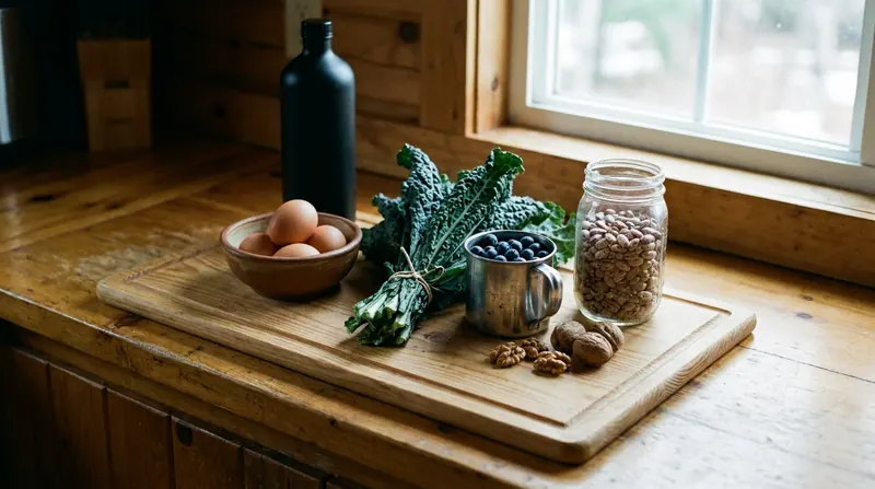 Eggs, kale, blueberries, dried beans and walnuts on a pine board in a cabin kitchen