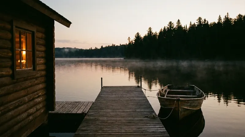 Evening dock on a still northern lake with a rowboat, pines and a lit cabin window