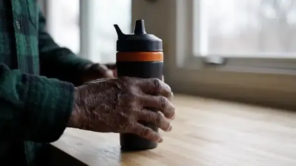 Weathered hands shaking a tall dark bottle four times above a pine counter