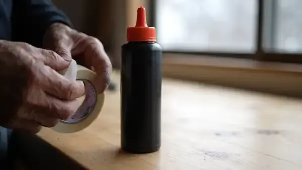 Masking tape pressed onto an orange cap and marked with a black marker on a pine counter