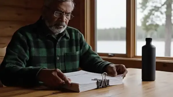 Bearded reader in reading glasses turning a clipped stack of printed pages at a pine table by a lake window