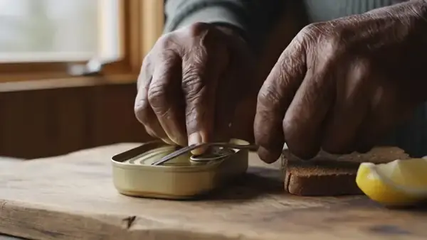 Opened sardine tin and two sardines lifted with a fork onto dark rye toast