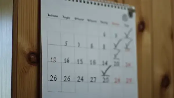 Pencil making a small check mark in one square of a paper calendar on a pine wall
